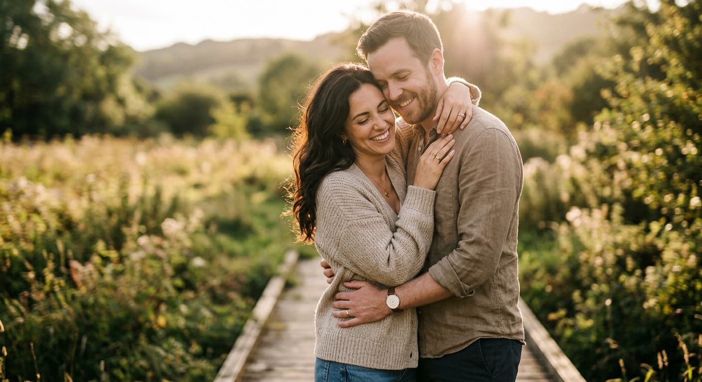 Couple embracing in a sunlit field