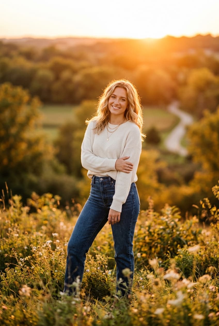Photographer standing in a field at golden hour