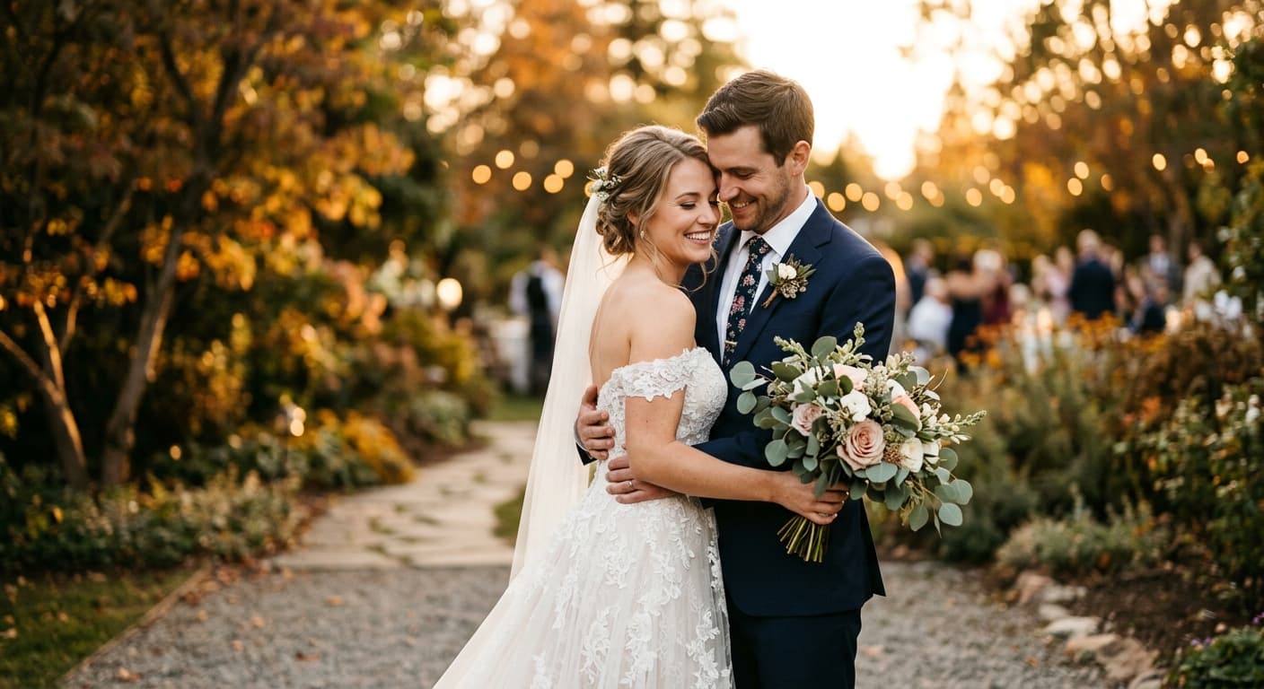 Newlyweds sharing a quiet moment in a garden